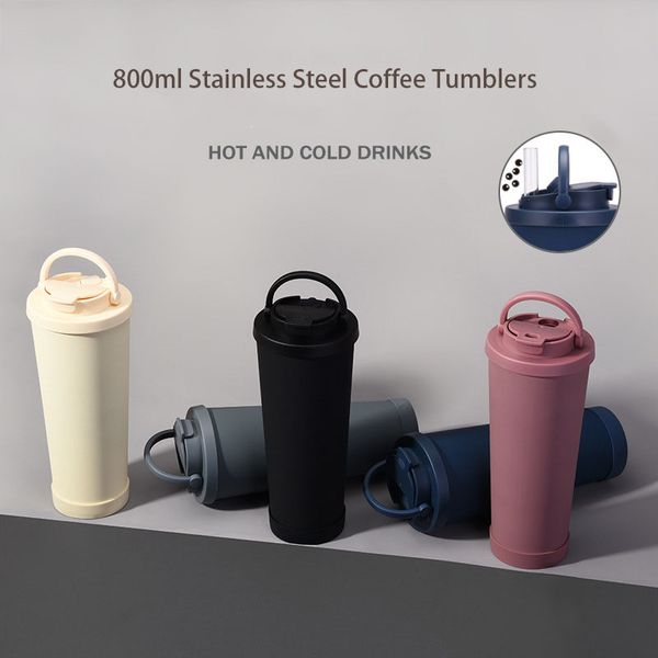 Tumbler de aço inoxidável de 830 ml com tampa de uso duplo e cofres de café com isolamento de palha com alça caneca de café com parede dupla para mulher e homem DIY