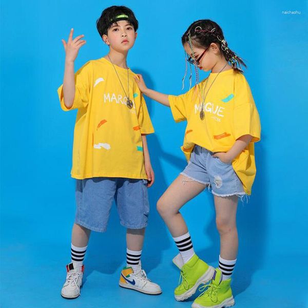 Bühnenkleidung Kinder Festival Hip Hop Kleidung Gelb T-Shirt Tops Streetwear Jeans Shorts Hosen für Mädchen Jungen Jazz Dance Kostüm Kleidung
