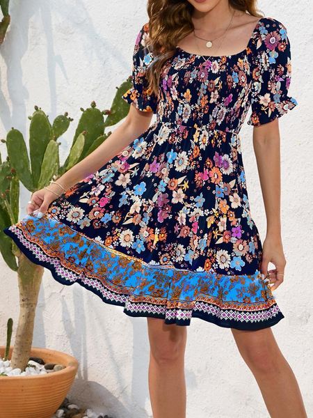 Vestidos Casuais Verão Minivestido Feminino Estampa Floral Boho Beach Vestido de Verão Curto Feminino Babado Manga Bufante Ropa Mujer