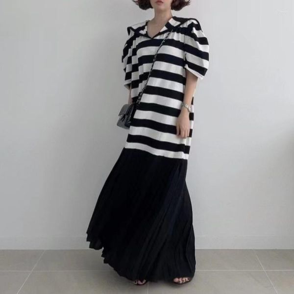 Casual Kleider Koreanische Chic Sommer Vintage Nische Navy Kragen Bump Farbe Gestreiften Lose Blase Hülse Kleid Langen Rock Weibliche