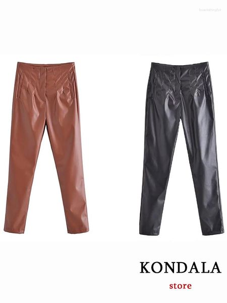 Pantaloni da donna KONDALA Modern Office Lady Nero/Marrone Ecopelle Donna Moda Autunno High Street Pantaloni dritti Cool Female