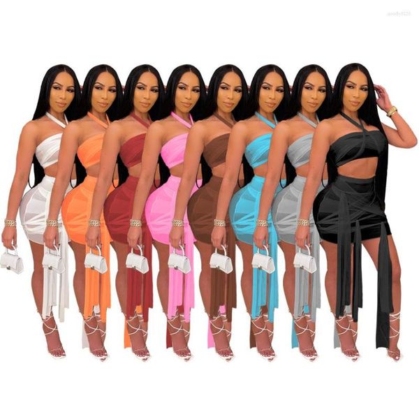 Abiti da lavoro Bandage Sheer Mesh Women Skirt Set Halter Crop Top Skinny Matching Suit Solid 2023 Summer Sexy Cut Out Club Party Vestidos