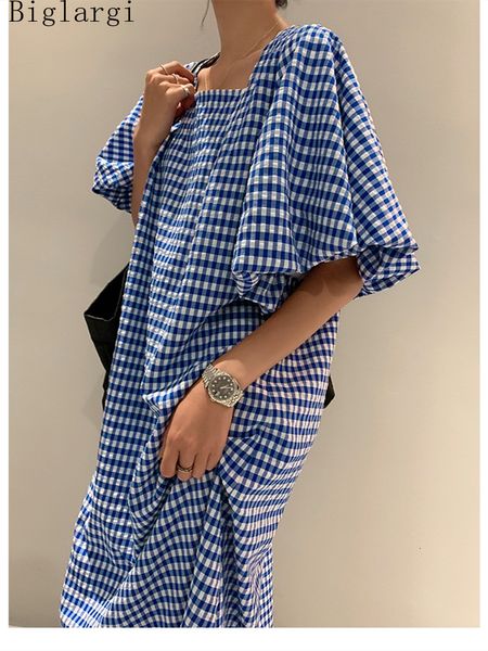 Grundlegende Casual Kleider Mode Square Neck Plaid Puff Sleeve Lose Casual Kleid Sommer Frauen Koreanische Damen Chic Kleider Elegante Frau kleid 230621