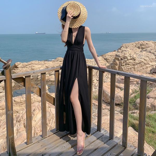 Abiti casual Donna Maxi abito senza spalline nero con scollo all'americana Estate 2023 Elegante coreano Party Night Beach Vacation Rnuway Long Vestidos