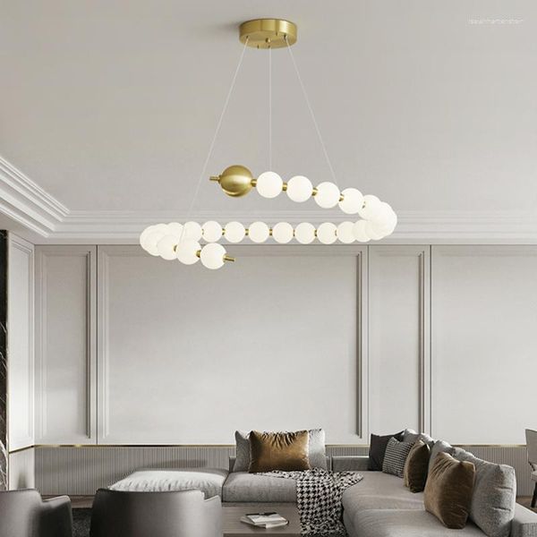 Kolye lambaları İskandinav Yuvarlak İnci Kolye Avize Led Beyaz Akrilik Bakır Işık Modern Yatak Odası Oturma Odası Dekoratif Lamba Fikstür