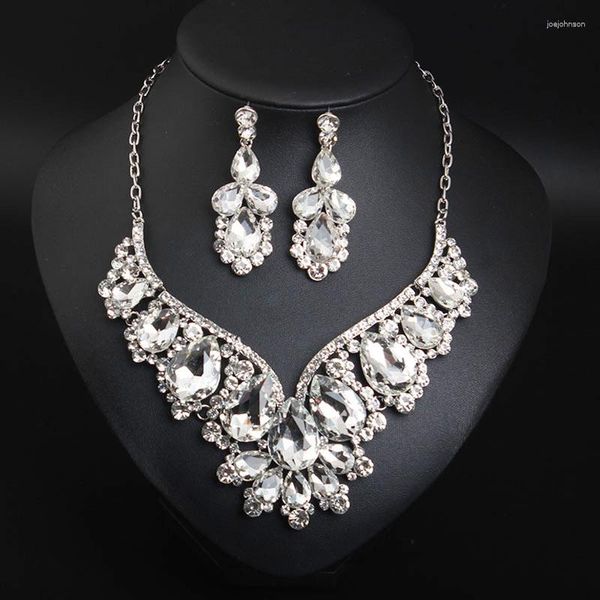 Halskette-Ohrringe-Set, elegantes Kristall-V-förmiges Statement-Damen-Braut-Hochzeits-Ball-Kostüm-Schmuck für Brautjungfern-Accessoires