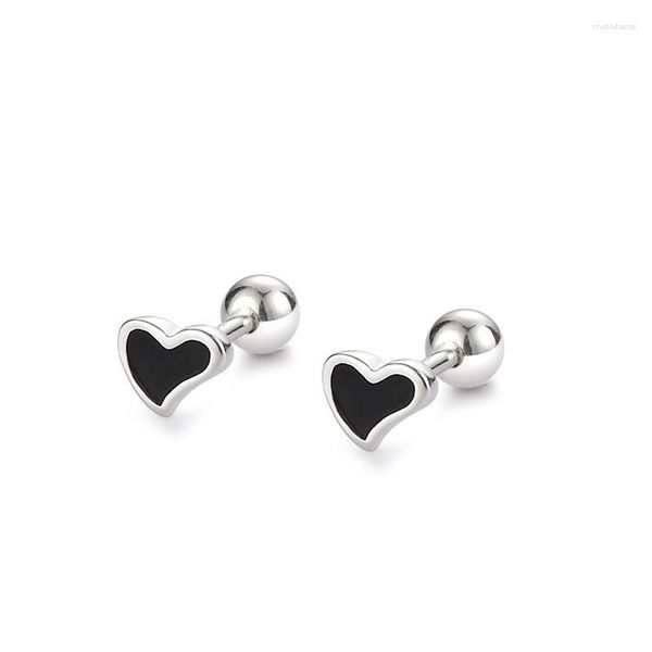 Orecchini a bottone autentici orecchini in argento sterling 925 cuore d'amore tenditori con smalto nero per regalo di gioielli per la festa nuziale della ragazza delle donne