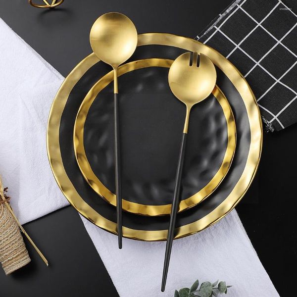 Servizio Piatti Black Gold Insalata Distribuzione Piatti Set Posate Forchetta Cucchiaio Utensili Cucina Servizio Stoviglie Goccia