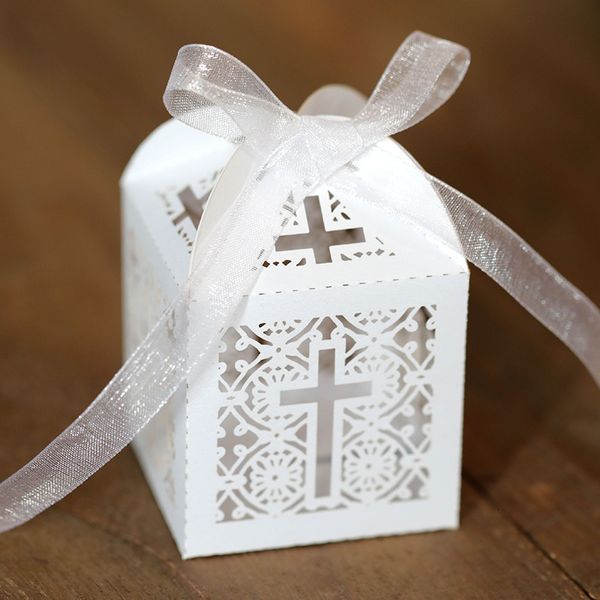 Geschenkpapier 50100 Stück Kreuz Candy Box Ostern Gunst Verpackungsboxen mit Band Christentum Taufe Hochzeit Kommunion Taufe Dekor 230625