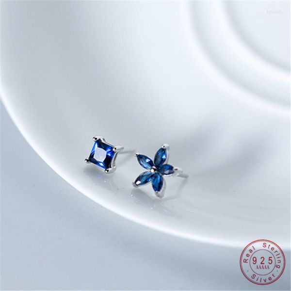 Brincos de parafuso prisioneiro WANTME luxo coreano cristal azul zircônia quadrado cinco pétalas para mulheres joias de prata esterlina 925 reais para presente