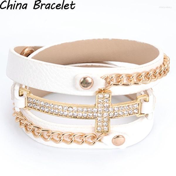 Strand Beaded Strands Miasol Wrapped Studded Ladies Micro Pave CZ Disco Cross Charm Catena in metallo Double Wrap Bracciale in pelle PU per donna