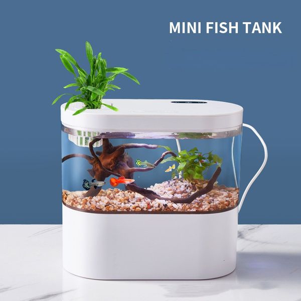 Dekorationen Desktop Kreatives Mini-Aquarium mit biochemischem Filtersystem und LED-Licht Betta Fish Ökologischer Wasserkreislauf 230625