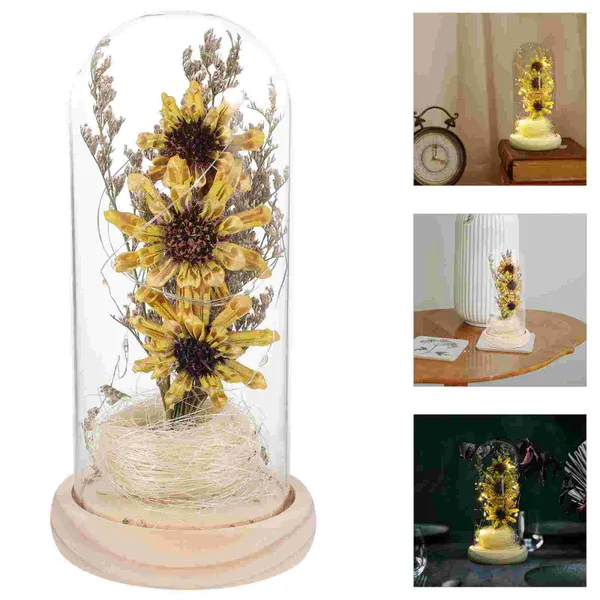 Flores decorativas canecas de vidro transparente lâmpada de cúpula de flor LED garrafa de luz girassol rosa seda ornamento de mesa