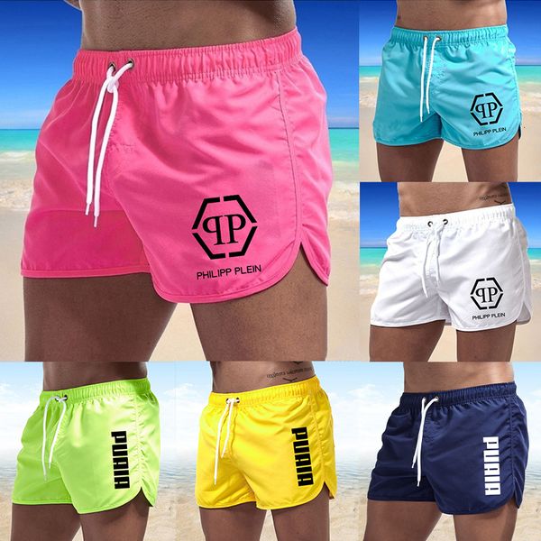 Roupa de banho masculina verão calções de banho esportivos para academia, shorts de praia masculinos de marca, shorts de praia de secagem rápida 230621