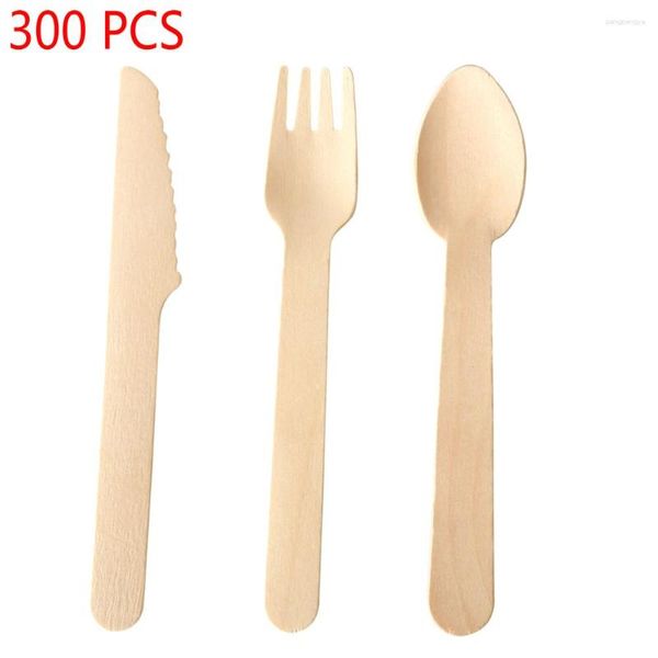 Set di stoviglie Posate in legno usa e getta Confezione da 300 - Forchette (100) Coltelli (100) E cucchiai (100) Alternativa perfetta alla plastica