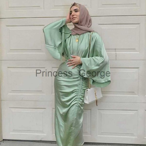 Vestidos Casuais Cetim Muçulmano Vestido Feminino Verão Moda Fino Cintura Alta Vestido Longo Dubai Abaya Turquia Islã Roupas Festa à Noite Robe x0625