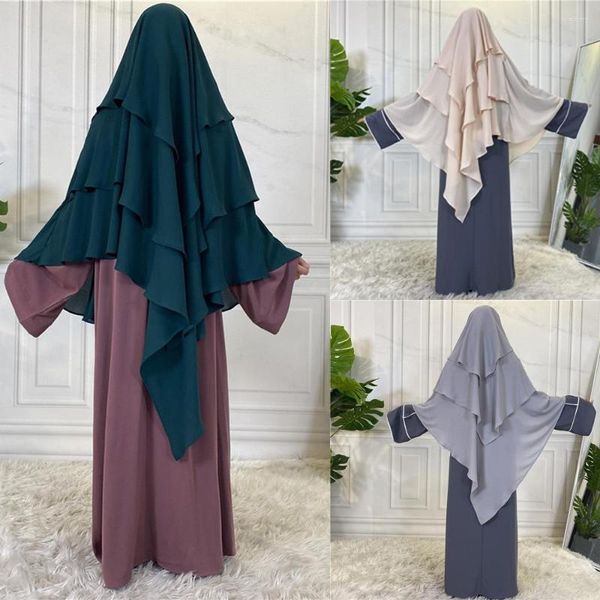 Roupas Étnicas Moda Feminina Dubai Turquia Turbante Muçulmano Khimar Babados de Três Camadas Hijabs Mulheres Árabes Xales Islâmicos Cachecóis Vestuário de Oração