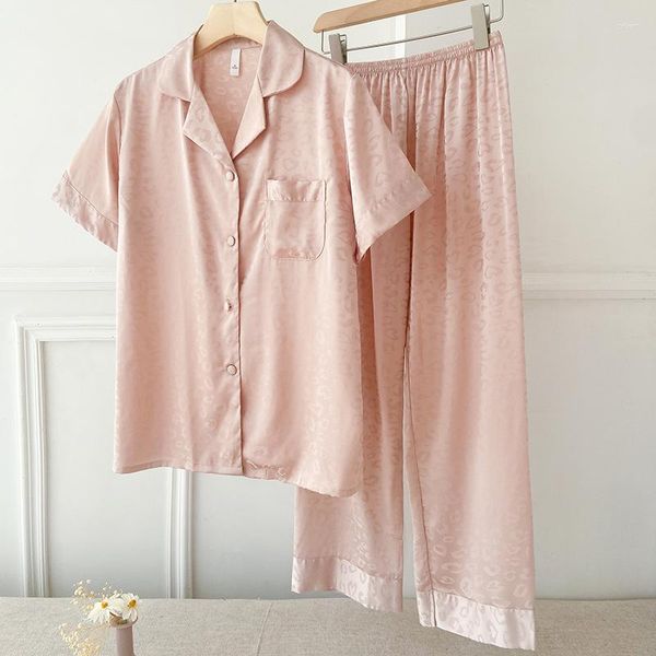 Roupa de dormir feminina camisa de manga curta calças terno rosa leopardo conjunto de pijama solto vela cetim roupas para casa primavera verão lounge wear