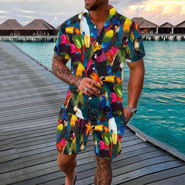 Мужские спортивные костюмы попугая кнопка для животных рубашка для припечатки животных Hawaii Рубашки Шорты с двумя частями мужская одежда подходящая для отдыха клубная вечеринка пляжная одежда 230621