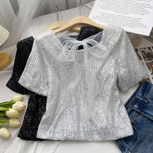 Frauen Blusen Koreanische Glitter Mesh Spitze Kurze Shirts Für Mädchen Sparkle BLING Oansatz Pullover Frau Casual Tops Kleidung Drop