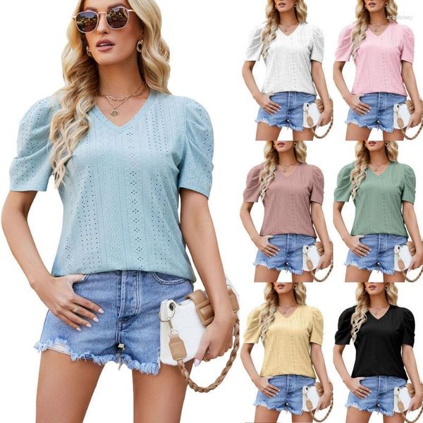 Damen T-Shirts Damen Weiß Puffärmel T-Shirt 2023 Sommer Frauen Mode Haken Blume aushöhlen Kurz V-Ausschnitt Top Femme Casual Loose