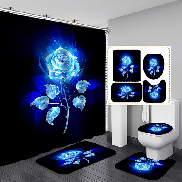 Tende da doccia Shiny Blue Golden Rose Set di tende impermeabili Copriwater Tappetino antiscivolo Tappeti da bagno Bagno San Valentino Decorazioni natalizie 230625