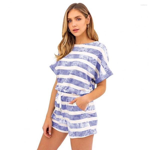 Tute da donna 2 pezzi / set Tuta da donna Colore a contrasto Stampa a righe Tie-dye Elastico in vita T-shirt a maniche corte da allenamento con coulisse