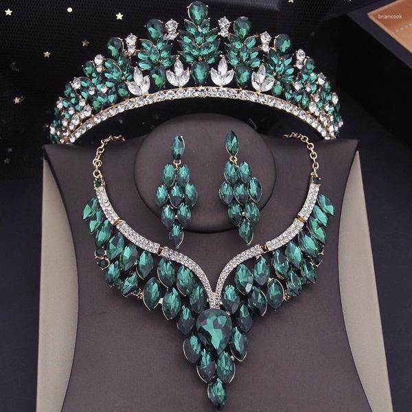 Colar Brincos Conjunto Coroa Verde Noiva Para Mulheres Tiaras de Luxo Gargantilha Vestido de Noiva Noiva Dubai Jóias Acessórios