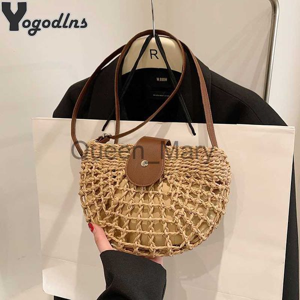 Sacos de noite Sacos de rattan de verão feminino Saddle Straw Shoulder Bag Handmade Woven Crossbody Bag Lady Handbags Bohemia Travel Clutch Beach Bag J230625