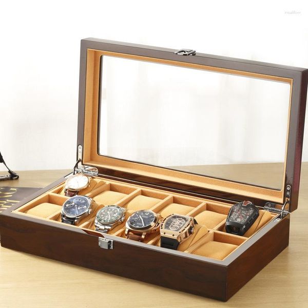 Caixas de relógio estojos caixa de madeira de luxo caixa de exibição de caixão de madeira pura organizador de relógios quadrado armário de vidro embalagem 12 lugares armazenamento homem delicado2