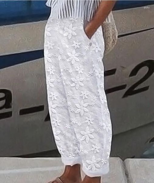 Calça Feminina Vintage Mujer Feminina Branco Bordado Primavera Verão Casual Chique Túnica Cintura Elástica Calças Patchwork de Renda