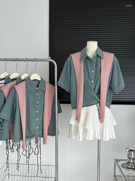 Damenblusen Sommerfrauen koreanische Mode Denimhemden mit Schal Kurzarm Jean Einreiher Crop Tops Vintage Streetwear Tide
