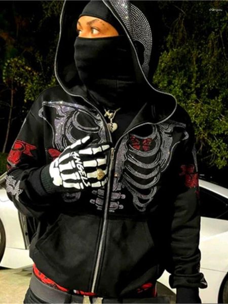 Мужские толстовки готическая капюшона капюшона скелет скелет панк панк с длинными рукавами на молнии мужская одежда Y2K