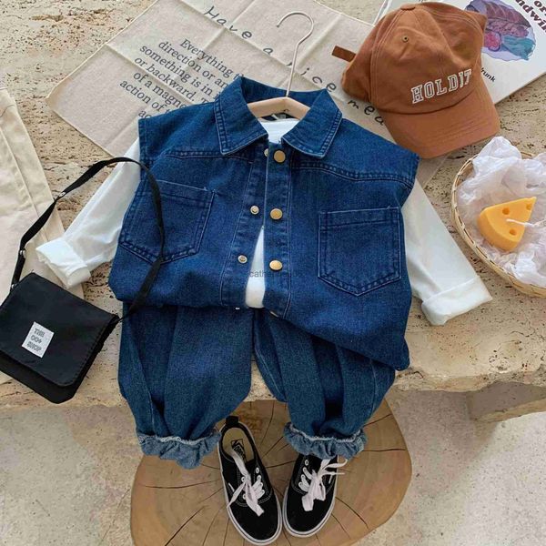 0-7 anni Baby Set Primavera Nuovi ragazzi e ragazze indossano gilet di jeans coreano + pantaloni Set di due pezzi di moda 2PS Abbigliamento per ragazzi L230625