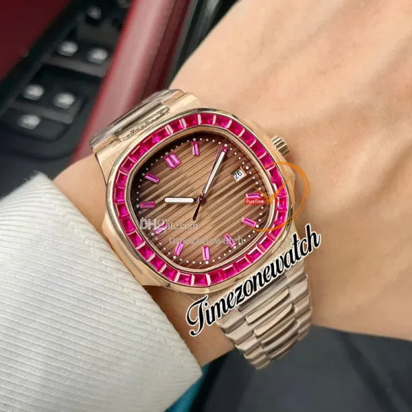 New Ruby Bezel 5711 Brown Texture Dial Stick Markers Dial 8215 Automatic Mens Watch 5711 / 1A Hip Hop Bling Jewelry 40mm Bracciale in oro rosa Orologi TWPP