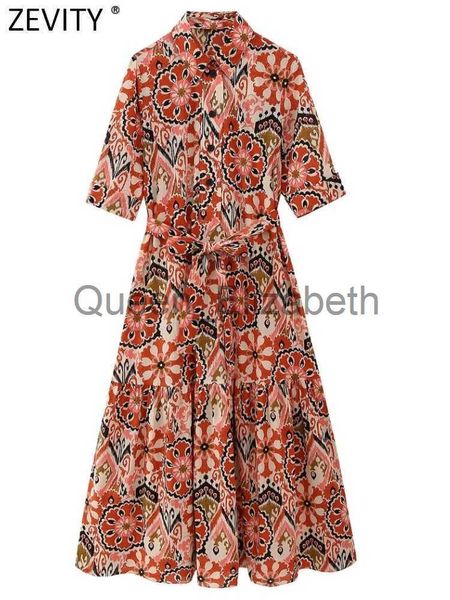 Vestidos Casuais ZEVITY Feminino Vintage Totem Estampa Floral Estilo Tribunal Camisa Casual Midi Vestido Feminino Chique Manga Curta Laço Faixas Vestidos DS3947 J230625