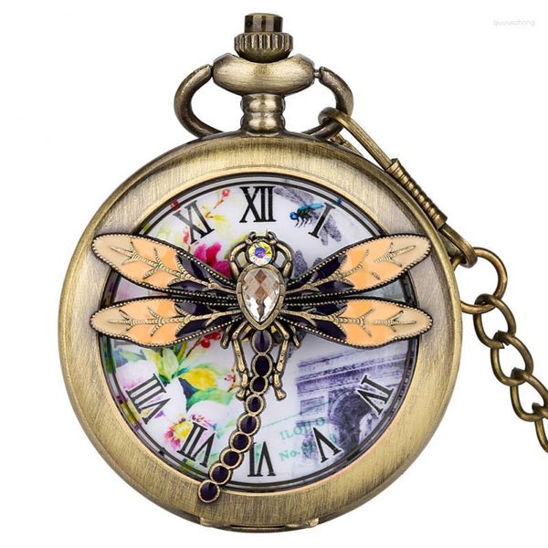 Orologi da taschino Retro Dragonfly Crystal Orologio al quarzo tempestato di diamanti Collana in bronzo Collana con pendente a forma di ciondolo Elegante abito da abbinare Orologio Fob