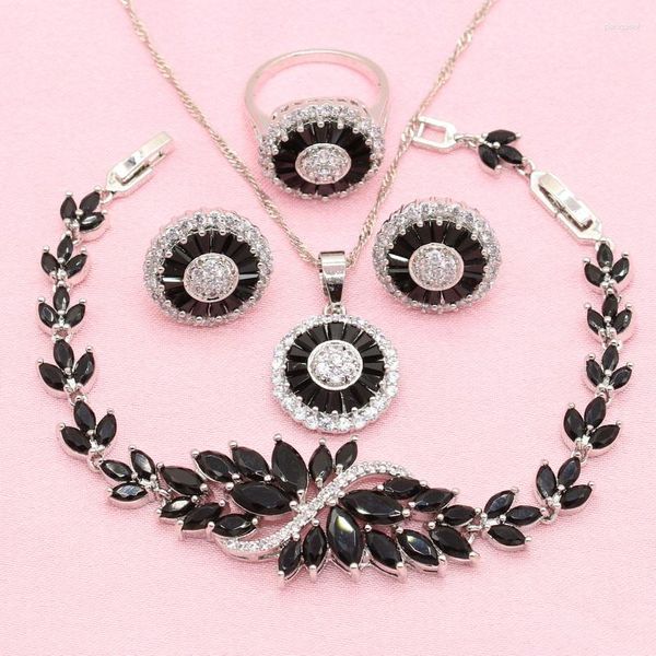 Halskette Ohrringe Set Schwarze Steine Silber Farbe Für Frauen Ohrstecker Anhänger Ring Armband Geschenkbox 2023 Klassisch