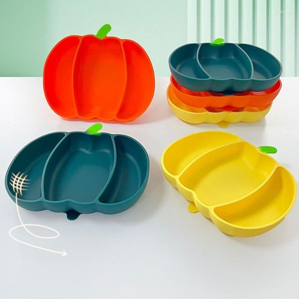 Kommen 3-Verdeeld Siliconen Zuig Plaat Voor Kid Voeden Kom Halloween Pompoen Servies Kinderen Gerechten Keukengerei Baby PlatesBa