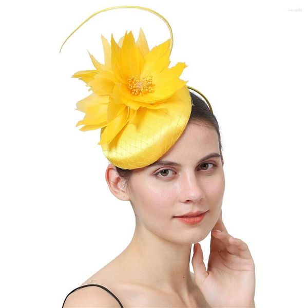 Boinas Amarelo Formal Cabelo de Cetim Chapéu Fascinador Festa à Noite Senhoras Headpiece Nice Gril Mesh Nupcial Casamento Com Penas