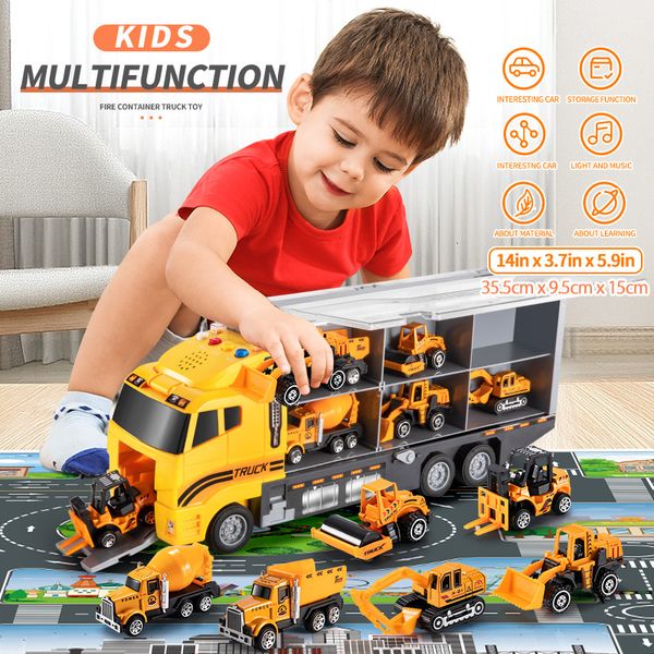Diecast Model car TEMI Big Container Transporter Playset com Play Mat 6PCS Mini Engineering Vehicle Model Car Toys For Kids Boys Gifts 230621