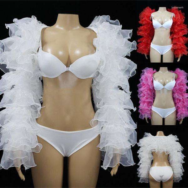 Desgaste de palco rosa branco xale ornamento de ombro gaze mangas bolha colete performance sexy fantasia bar boate equipe rave roupas