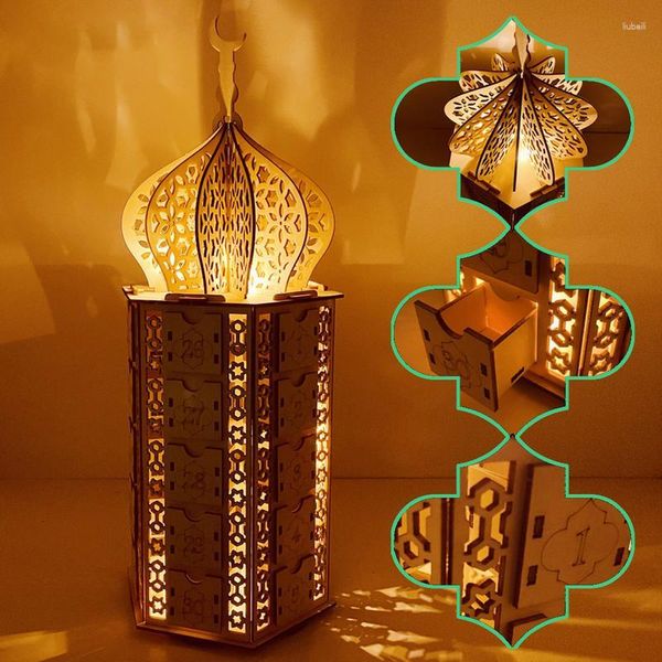 Decoração de festa 2023 Calendário do Ramadã Lâmpada de contagem regressiva de madeira com gavetas Eid Mubarak Decor Presentes Advento