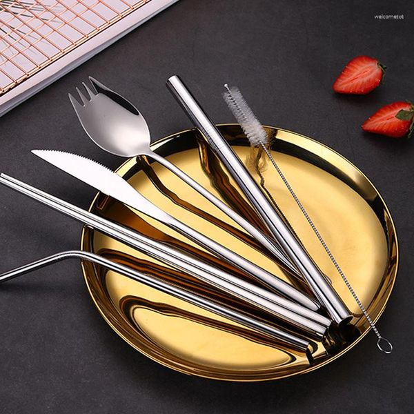 Set di stoviglie 7 pezzi Set di stoviglie in acciaio inossidabile Posate Coltello Forchette Bacchette Cannuccia Spazzola per pulizia Cena Riutilizzabile Viaggio con