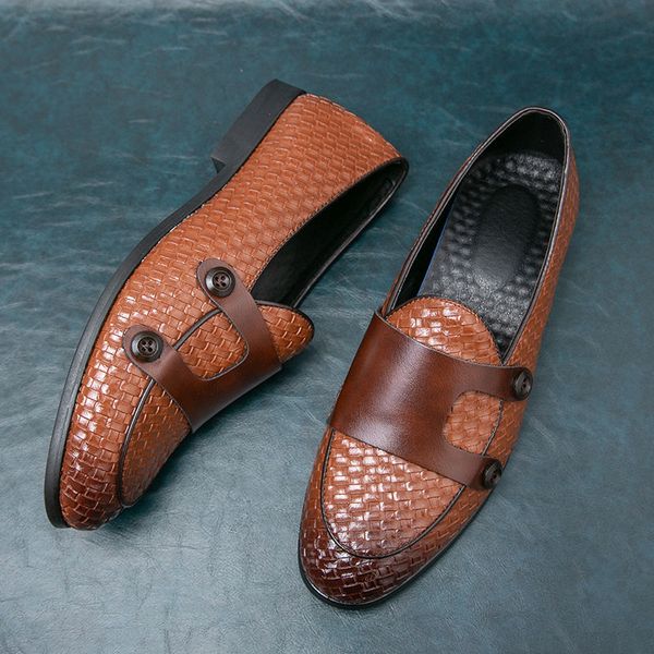 Britischer Stil, gewebtes Muster, Doppel-Monk-Riemen-Schuhe für Herren, luxuriöse, handgefertigte Leder-Loafer zum Hineinschlüpfen, flache Herren-Kleiderschuhe