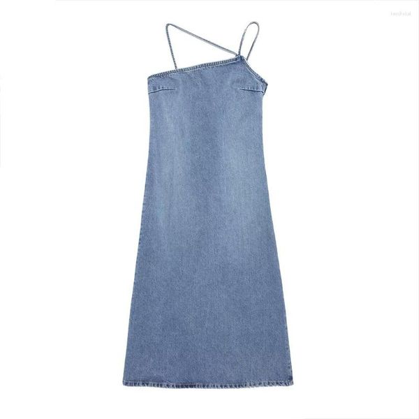 Lässige Kleider 2023 Frühling/Sommer Damenmode und einzigartiges Denim-Trägerkleid Retro Asymmetrisches Design Slim Fit Mittellang