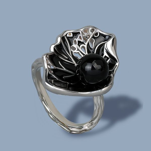 Solitärring, schwarze Hohlperle, Damenring, modisch, handgefertigt, Epoxid-Emaille-Schmuck, 925er Silber, Damenring, Partyschmuck 230621