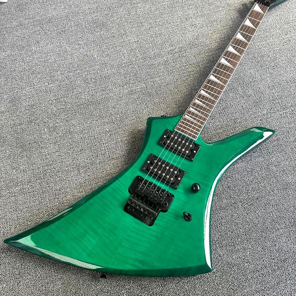 Negozio personalizzato, chitarra elettrica a forma di doppia scossa verde, tastiera in palissandro, hardware nero, spedizione gratuita