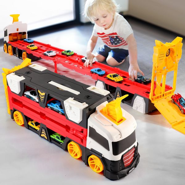 Diecast modelo de carro transportador de carro caminhão mega caminhão para crianças carro de ejeção de liga de três camadas deformado contêiner caminhão transportador de brinquedos presente 230621