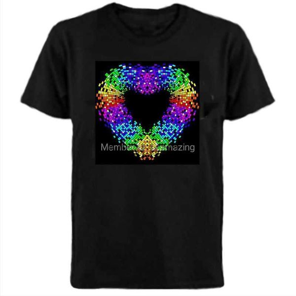 Herren-T-Shirts, geräuschaktiviertes LED-T-Shirt, leuchtendes, auf und ab blinkendes EL-Equalizer-T-Shirt, Unisex, Herz-Design, J230625